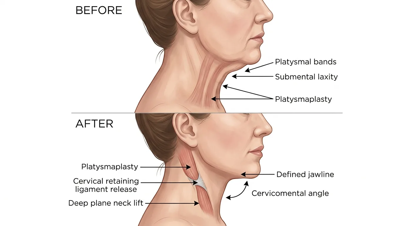 Neck contouring with deep plane facelift — before shows platysmal bands and submental laxity, after shows defined jawline with ideal cervicomental angle