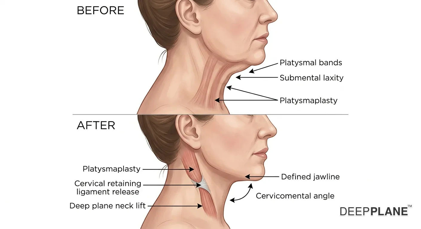 Neck contouring with deep plane facelift — before shows platysmal bands and submental laxity, after shows defined jawline with ideal cervicomental angle
